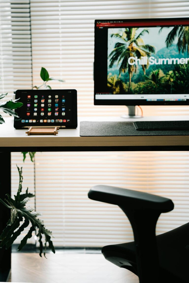 A sleek office setup with tropical screensaver, perfect for productivity and relaxation.